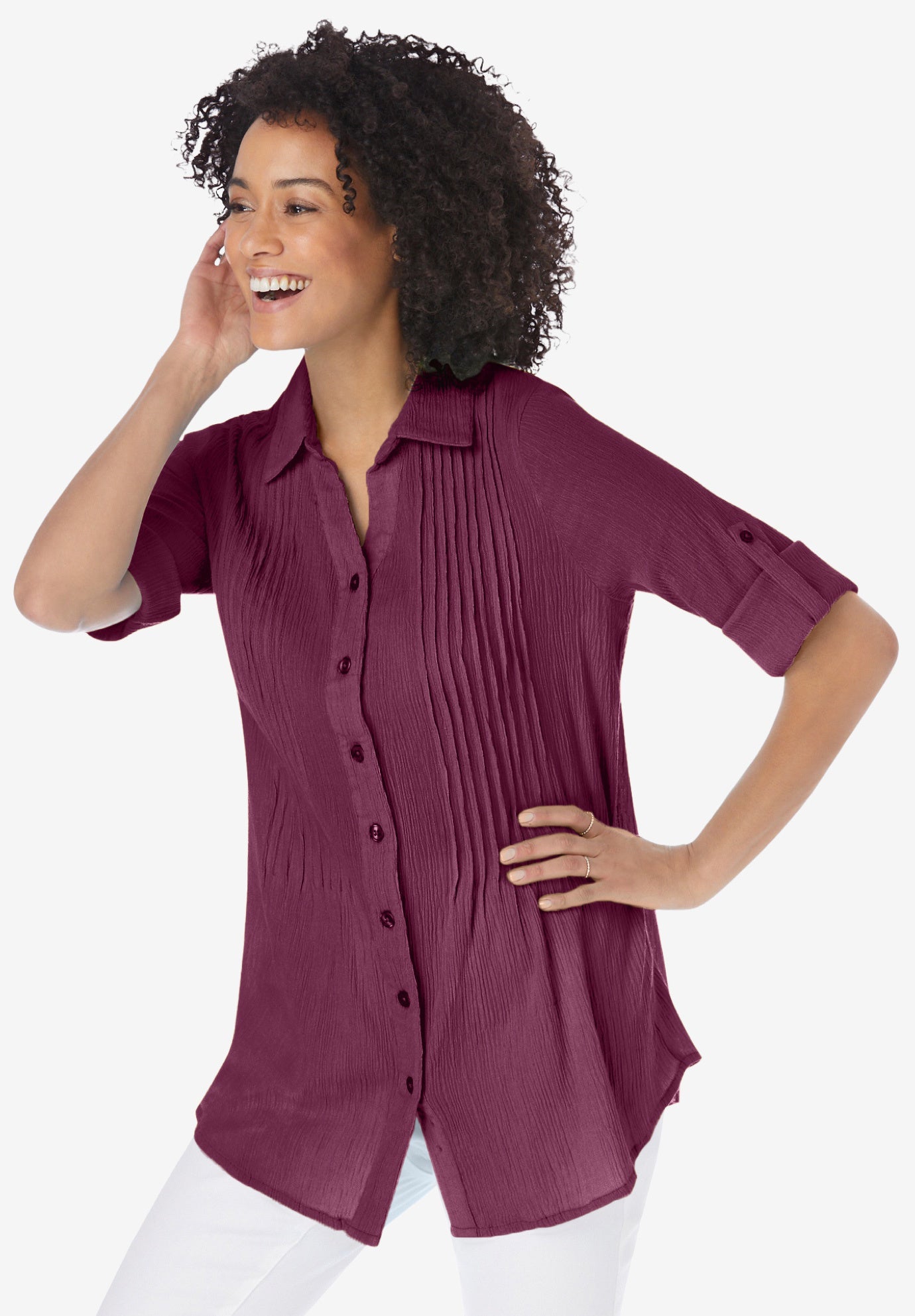 Pintucked Button Down Gauze Shirt image number 0