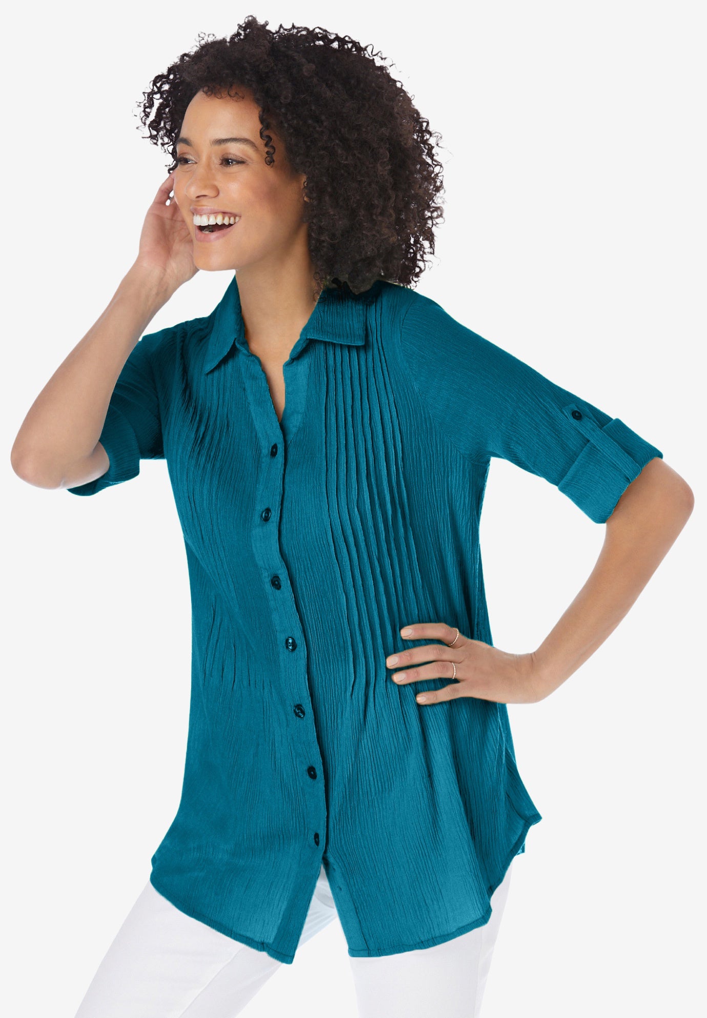 Pintucked Button Down Gauze Shirt image number 0