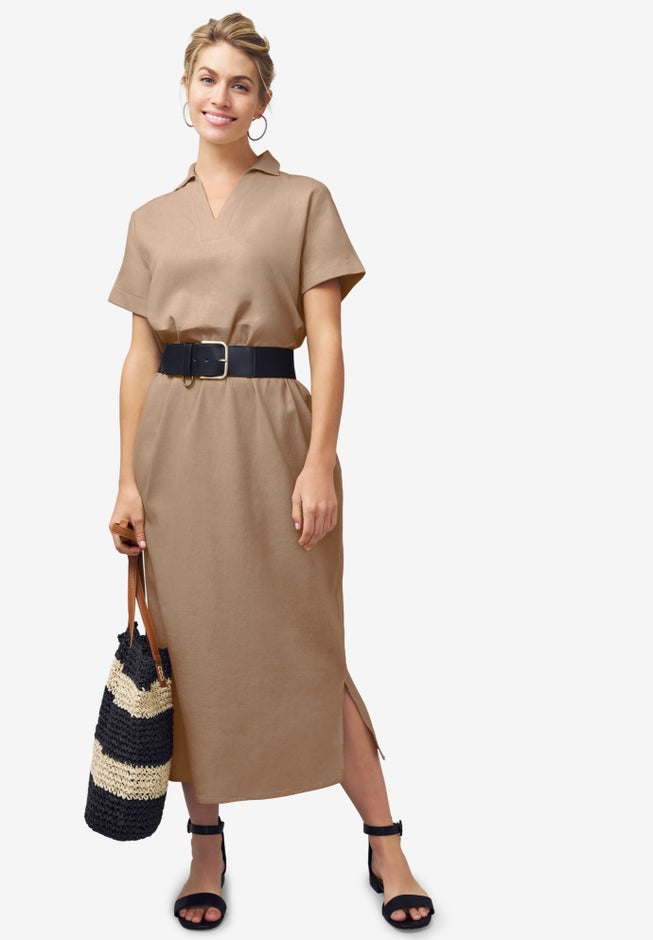linen maxi dress with short sleeves Neewe Women's Summer Cotton Linen Maxi Dress Loose Casual Plain Round Neck Short Sleeve Button Split Long Hem Dresses Daily with Pocket