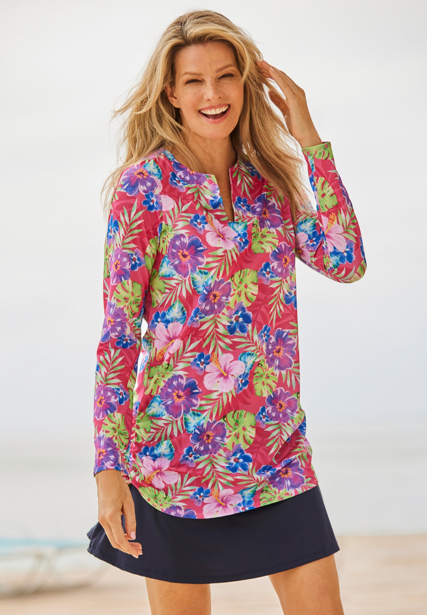 Split-Neck Long Sleeve Swim Tee with Built-In Bra image number 0