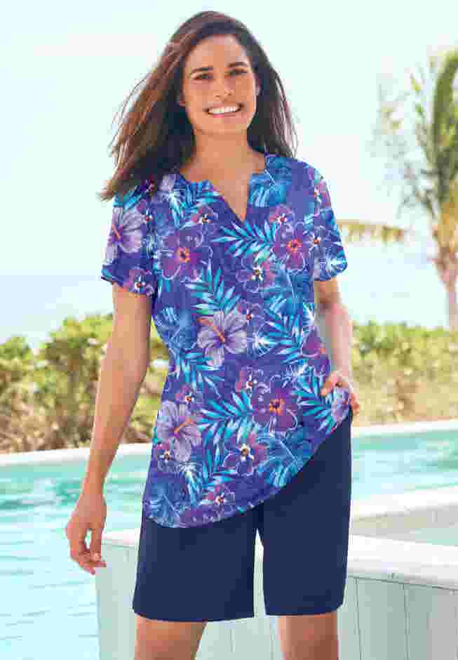 Split-Neck Short Sleeve Swim Tee with Built-In Bra image number 0