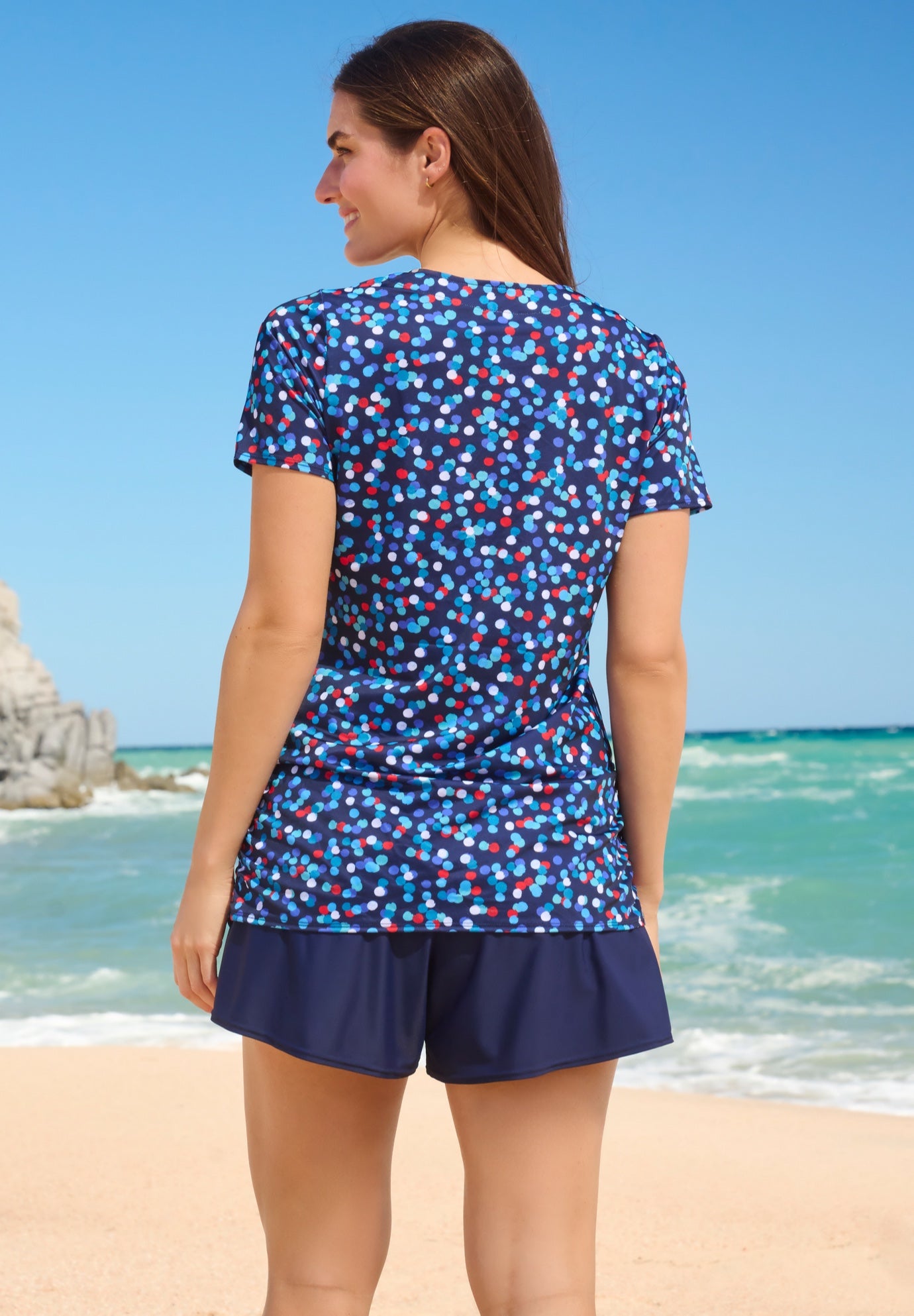 Split-Neck Short Sleeve Swim Tee with Built-In Bra image number 1