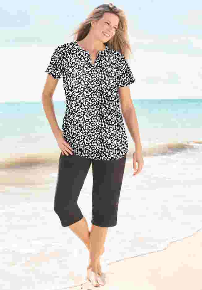 Split-Neck Short Sleeve Swim Tee with Built-In Bra image number 0