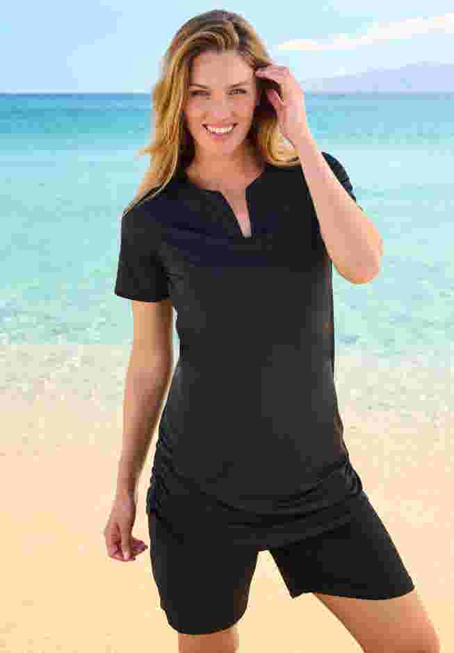 Split-Neck Short Sleeve Swim Tee with Built-In Bra image number 0