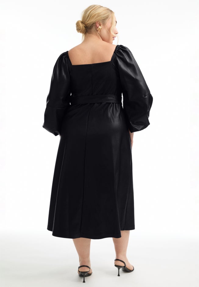 Puff Sleeve Faux Leather Midi Dress image number 1