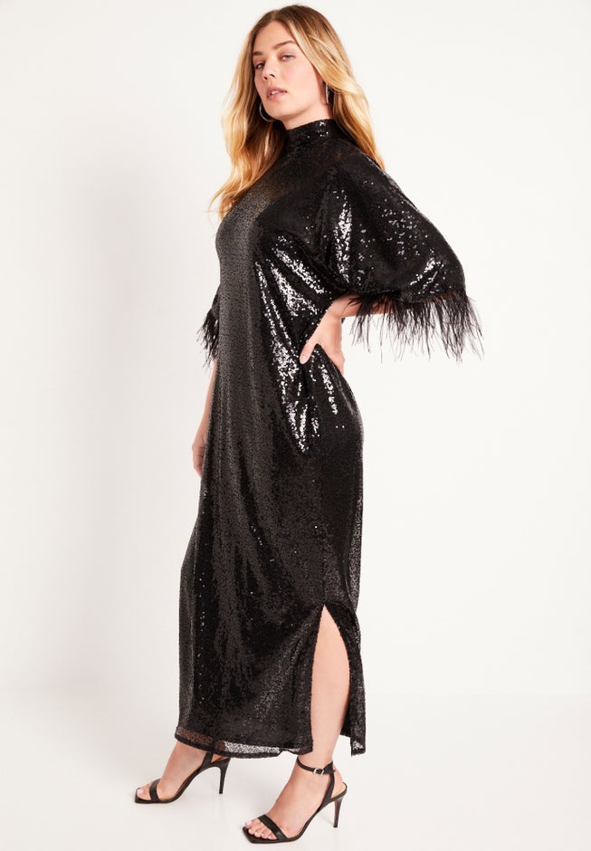 Feather Trim Kimono Sequin Dress image number null
