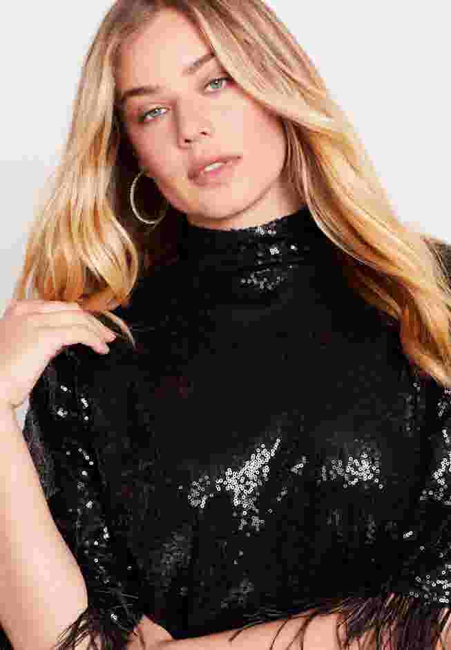 Feather Trim Kimono Sequin Dress image number 3