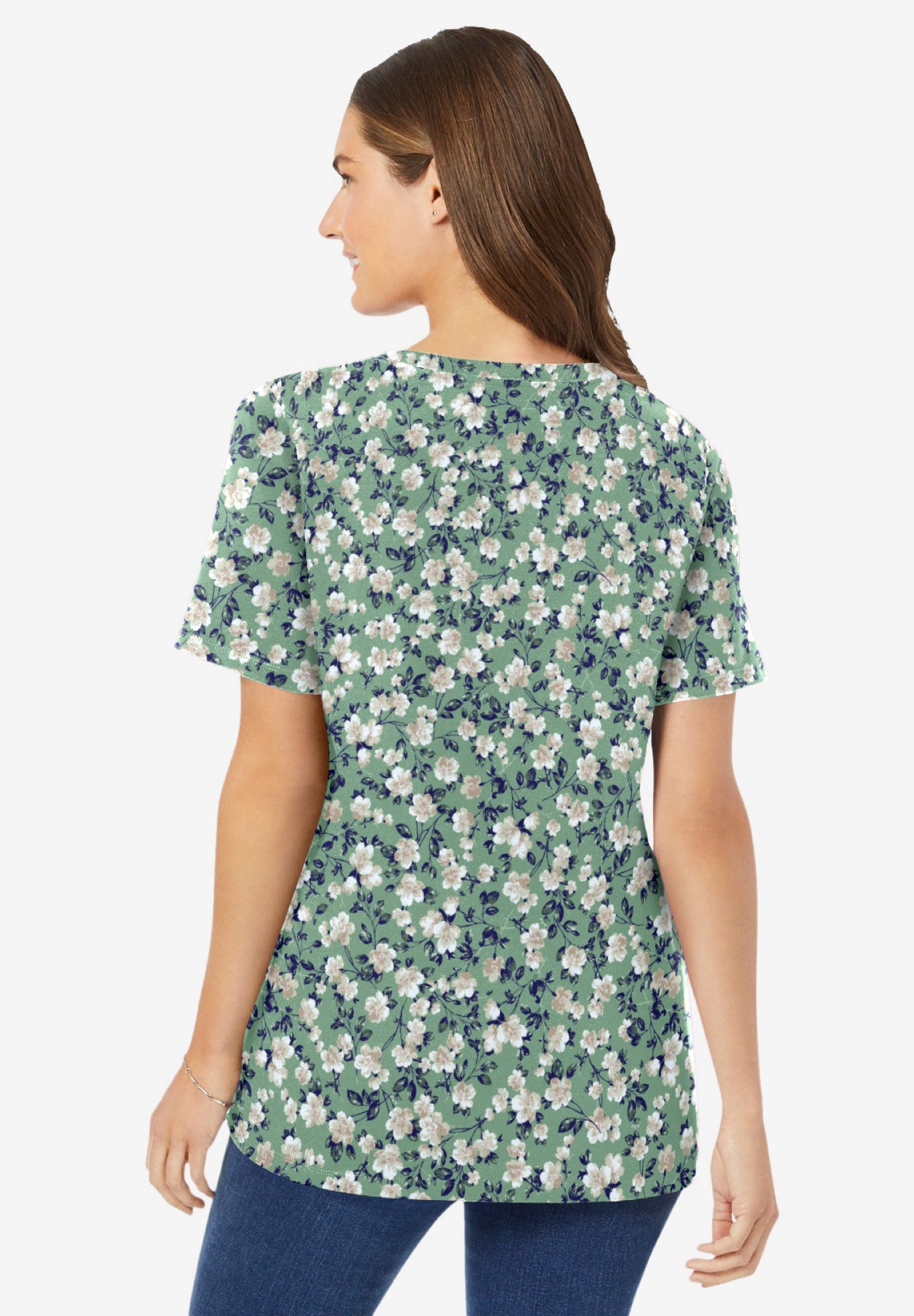 Printed V-Neck Tee - Perfect Short-Sleeve, Sage Blossom Vine