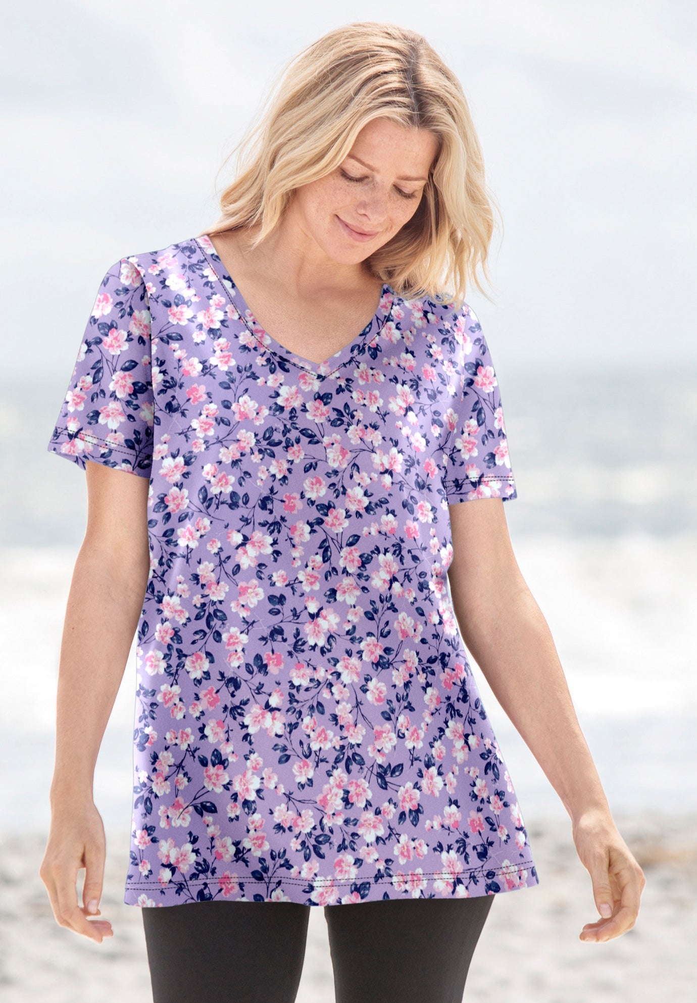 Printed V-Neck Tee - Perfect Short-Sleeve, Sage Blossom Vine