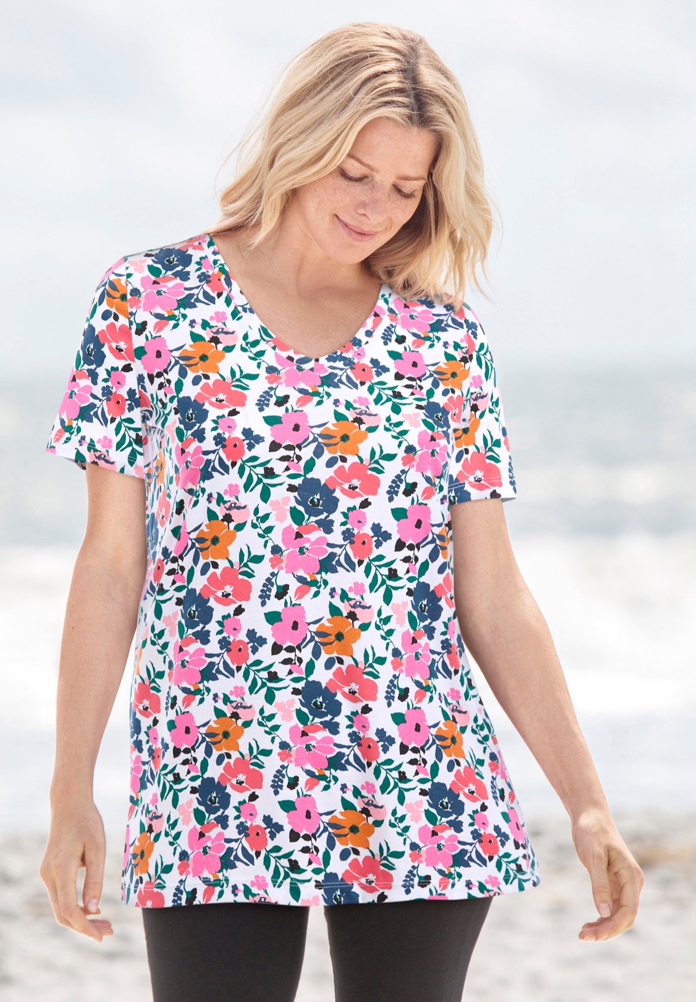 Printed V-Neck Tee - Perfect Short-Sleeve, Sage Blossom Vine