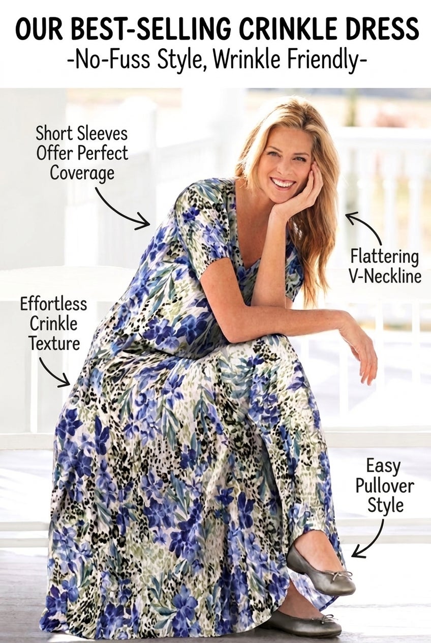 Printed Short-Sleeve Crinkle Maxi Dress image number 1