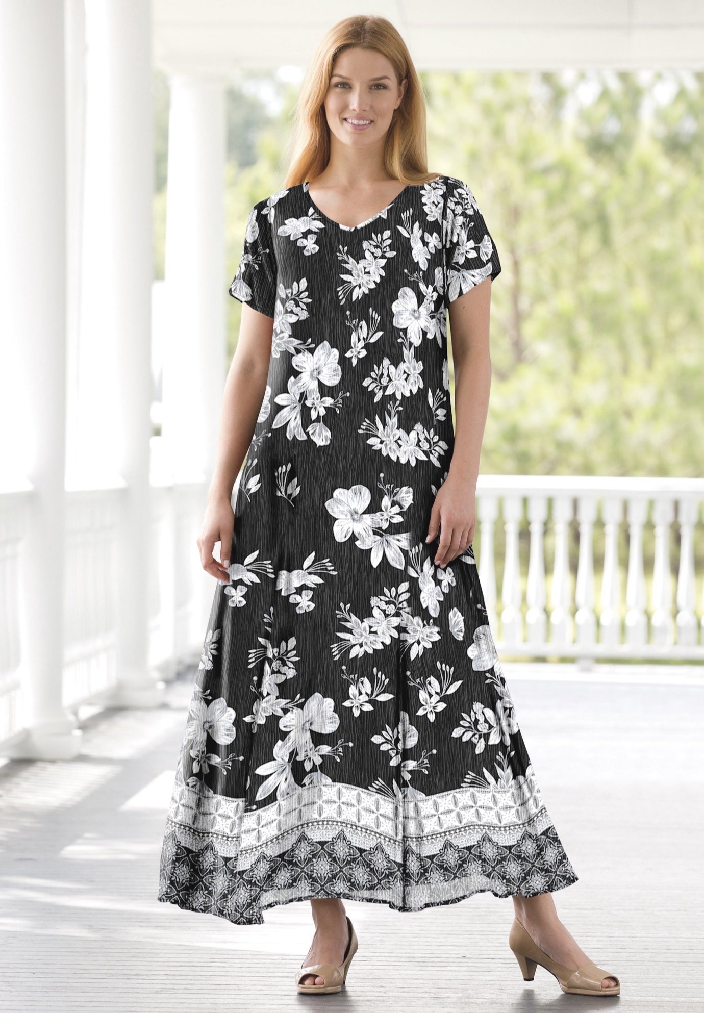 Crinkled Short-Sleeve Maxi Dress, Black Bloom Flower | Woman