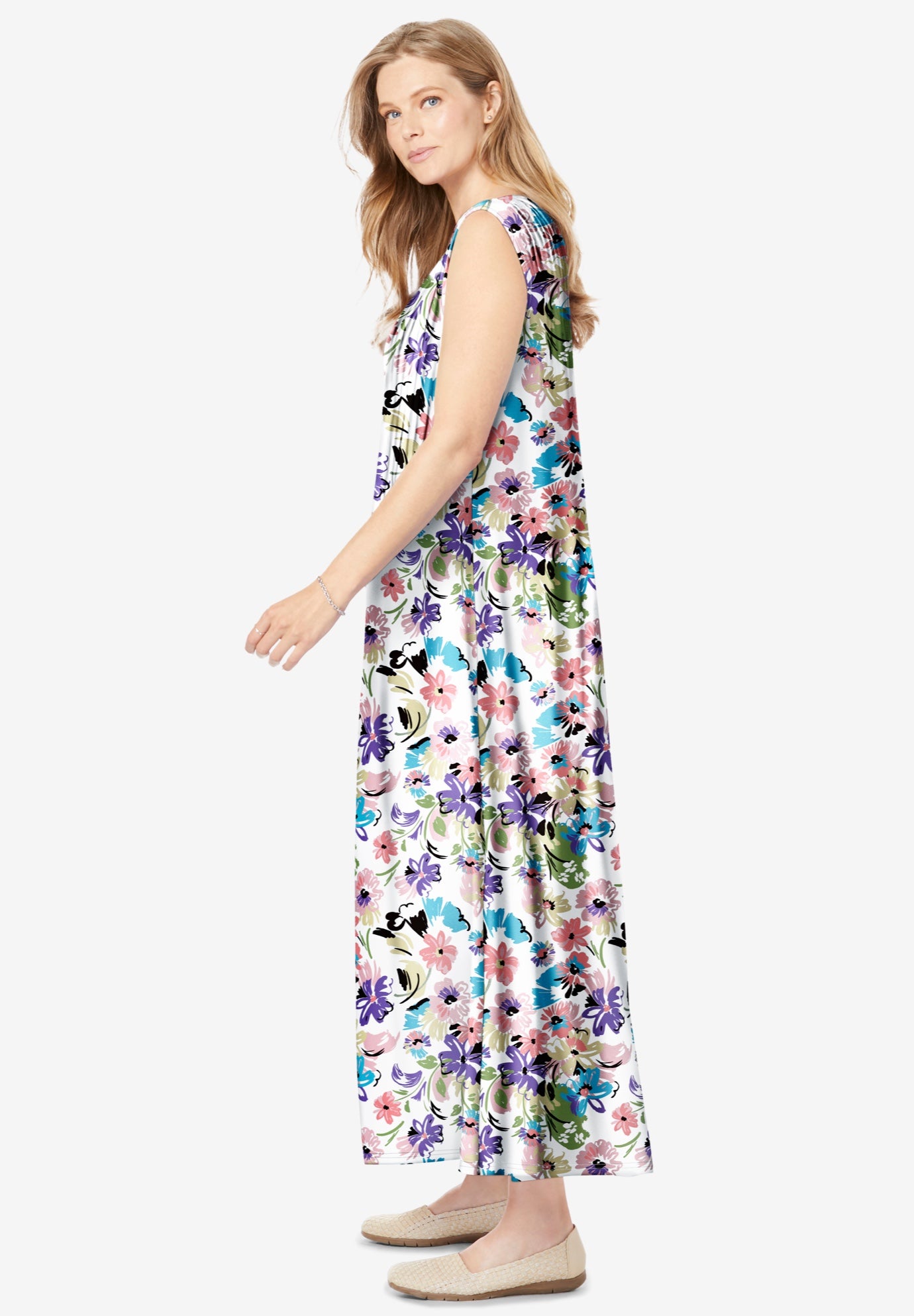 Pintucked Sleeveless Dress with Floral Prints, White Poppy