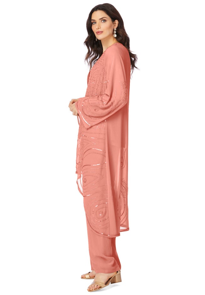 Plus Size Beaded Georgette Scoop Neck 3-Piece Pant Set image number 2