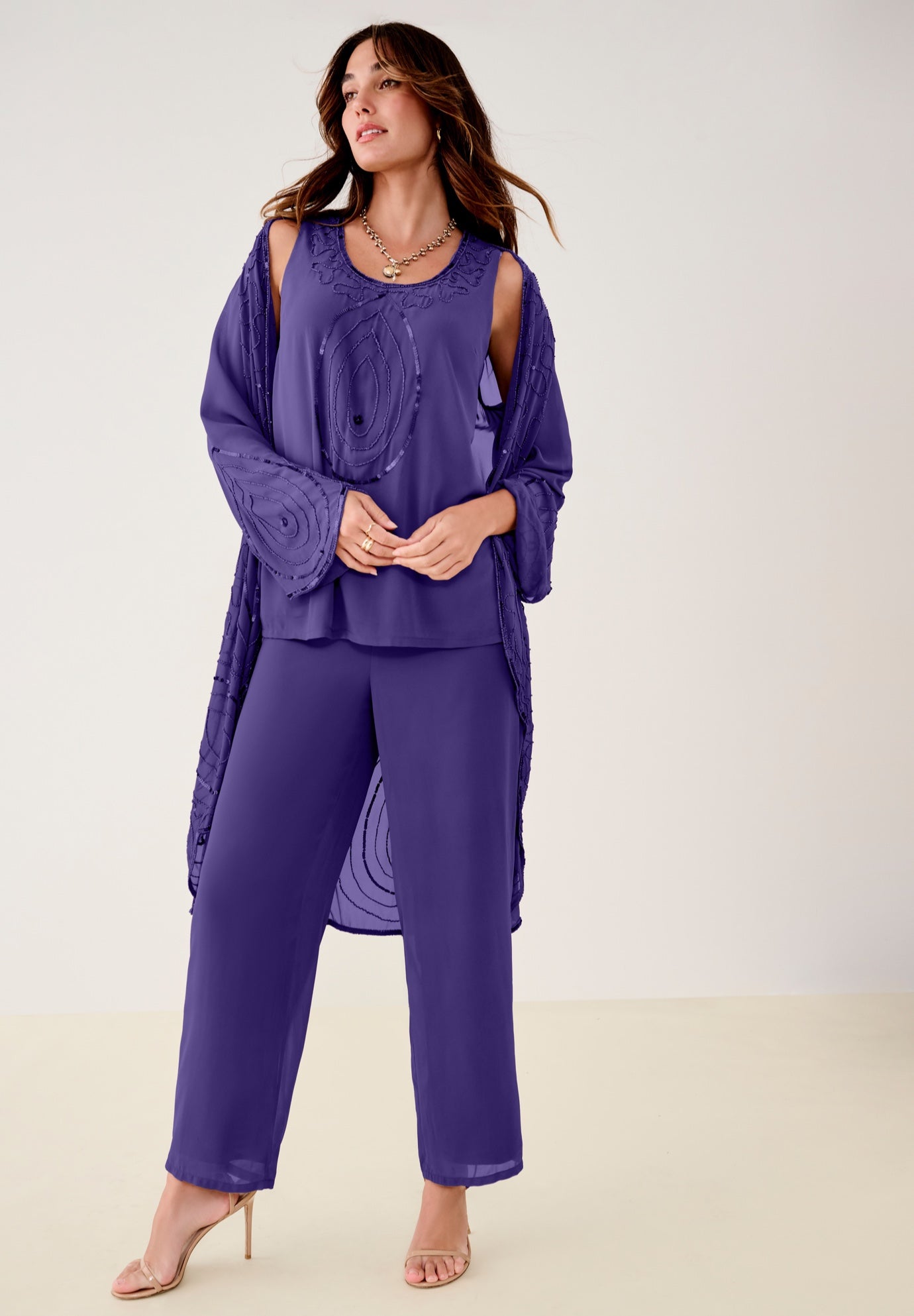 Plus Size Beaded Georgette Scoop Neck 3-Piece Pant Set image number 0
