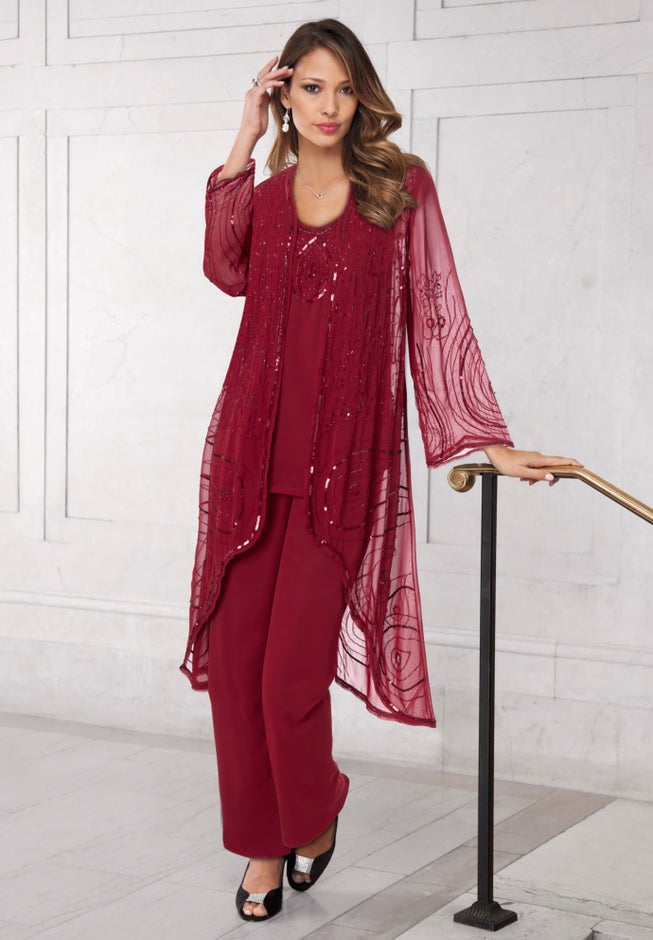 Plus Size Beaded Georgette Scoop Neck 3-Piece Pant Set image number 1
