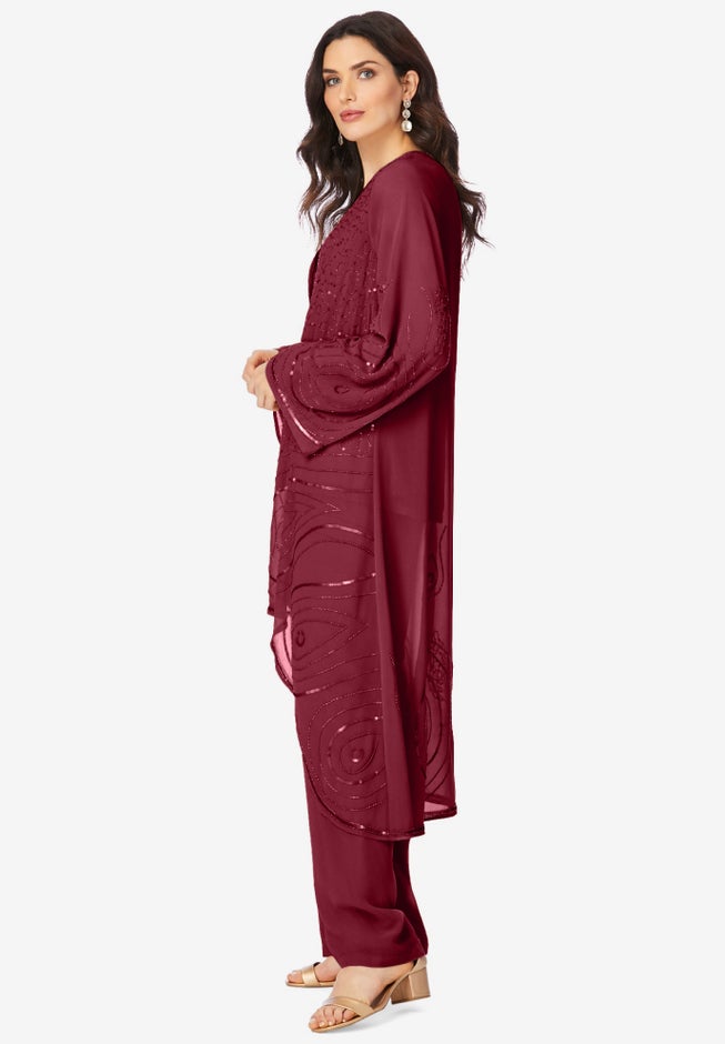 Plus Size Beaded Georgette Scoop Neck 3-Piece Pant Set image number 3