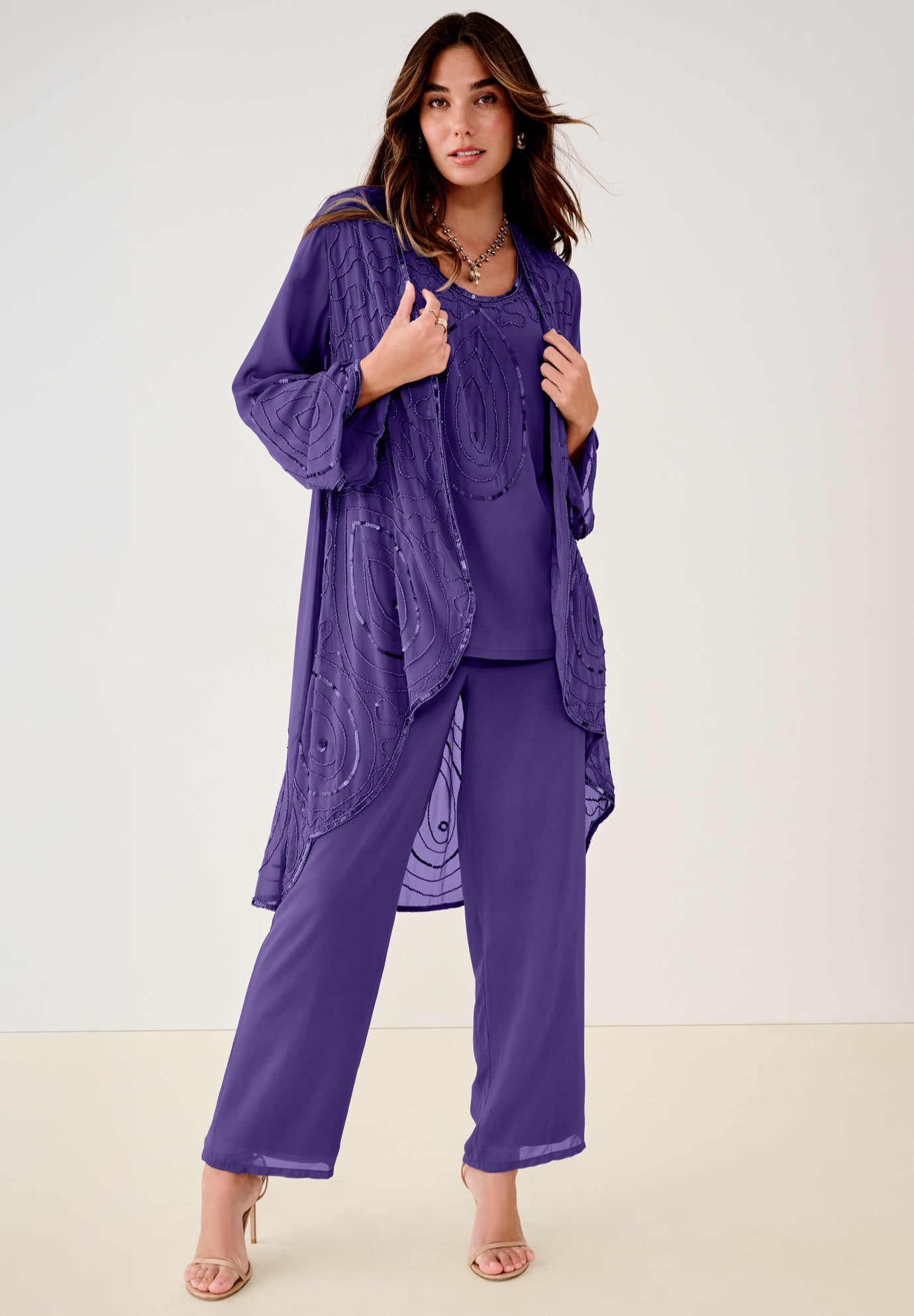 Plus Size Beaded Georgette Scoop Neck 3-Piece Pant Set image number 1
