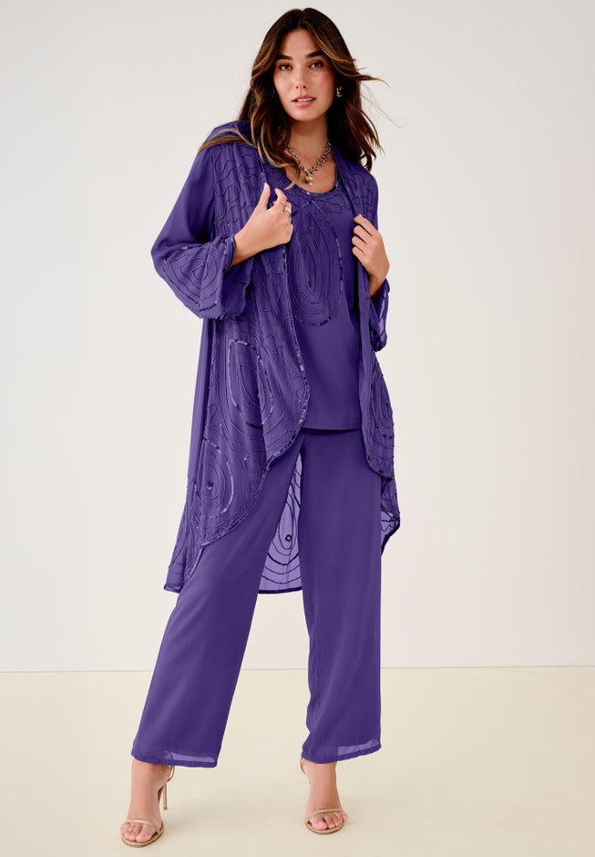 Plus Size Beaded Georgette Scoop Neck 3-Piece Pant Set image number 1