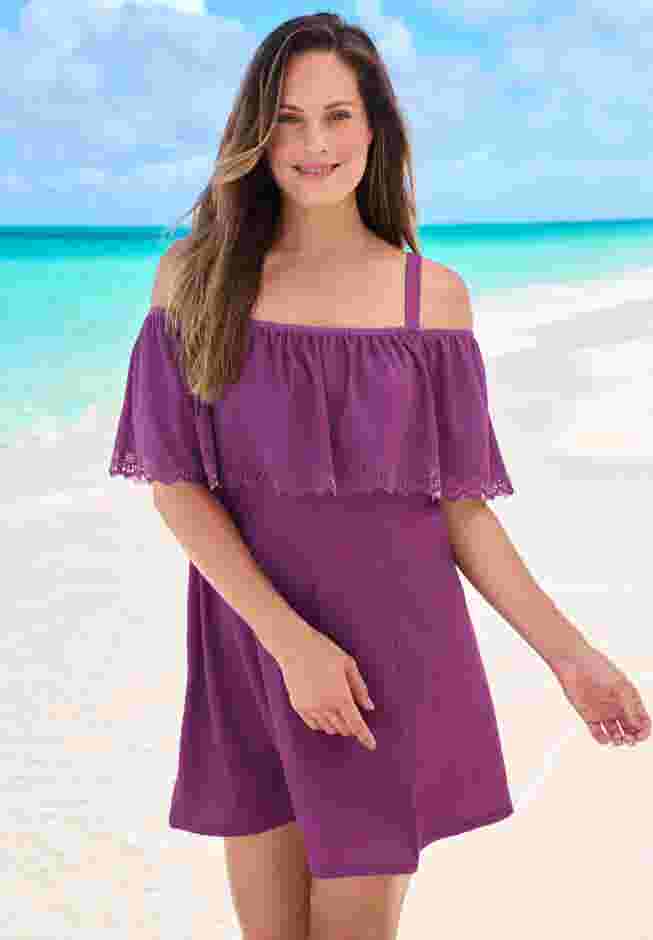 Laser-Cut Off-The-Shoulder Swim Dress image number 0