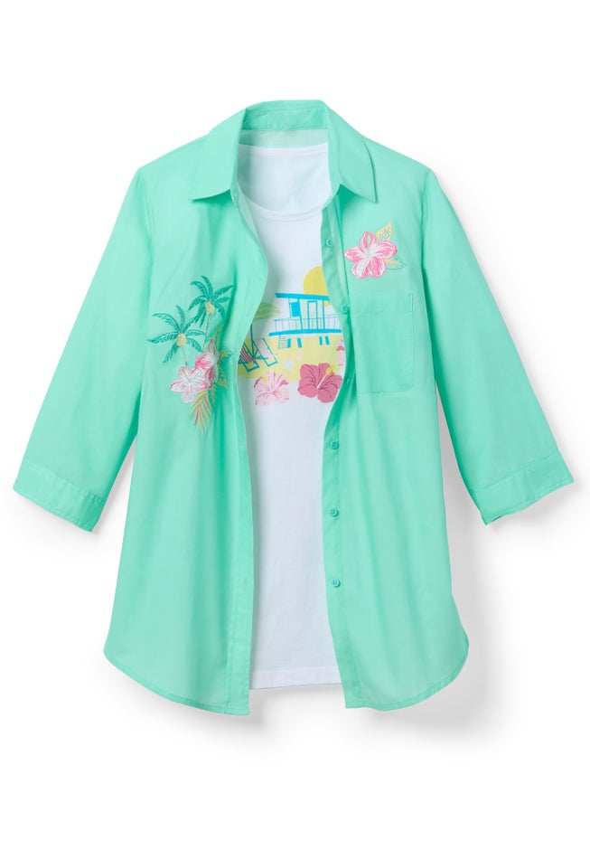 2-Piece Embroidered Poplin Tunic and Tee Set image number 1