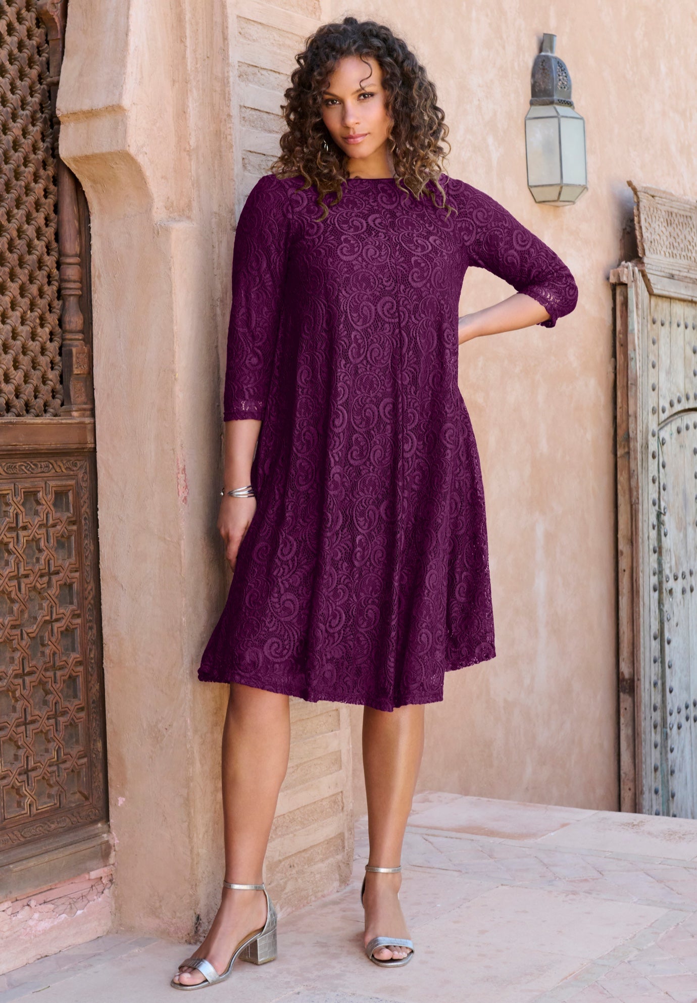Plus-Size 3/4 Sleeve Boatneck Lace Swing Dress image number 4