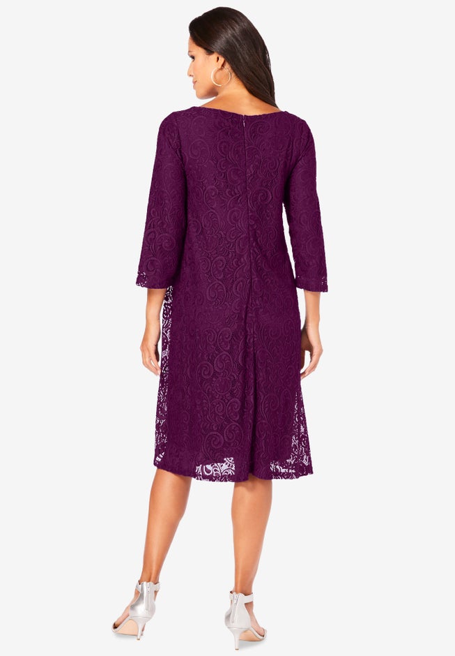 Plus-Size 3/4 Sleeve Boatneck Lace Swing Dress image number 1