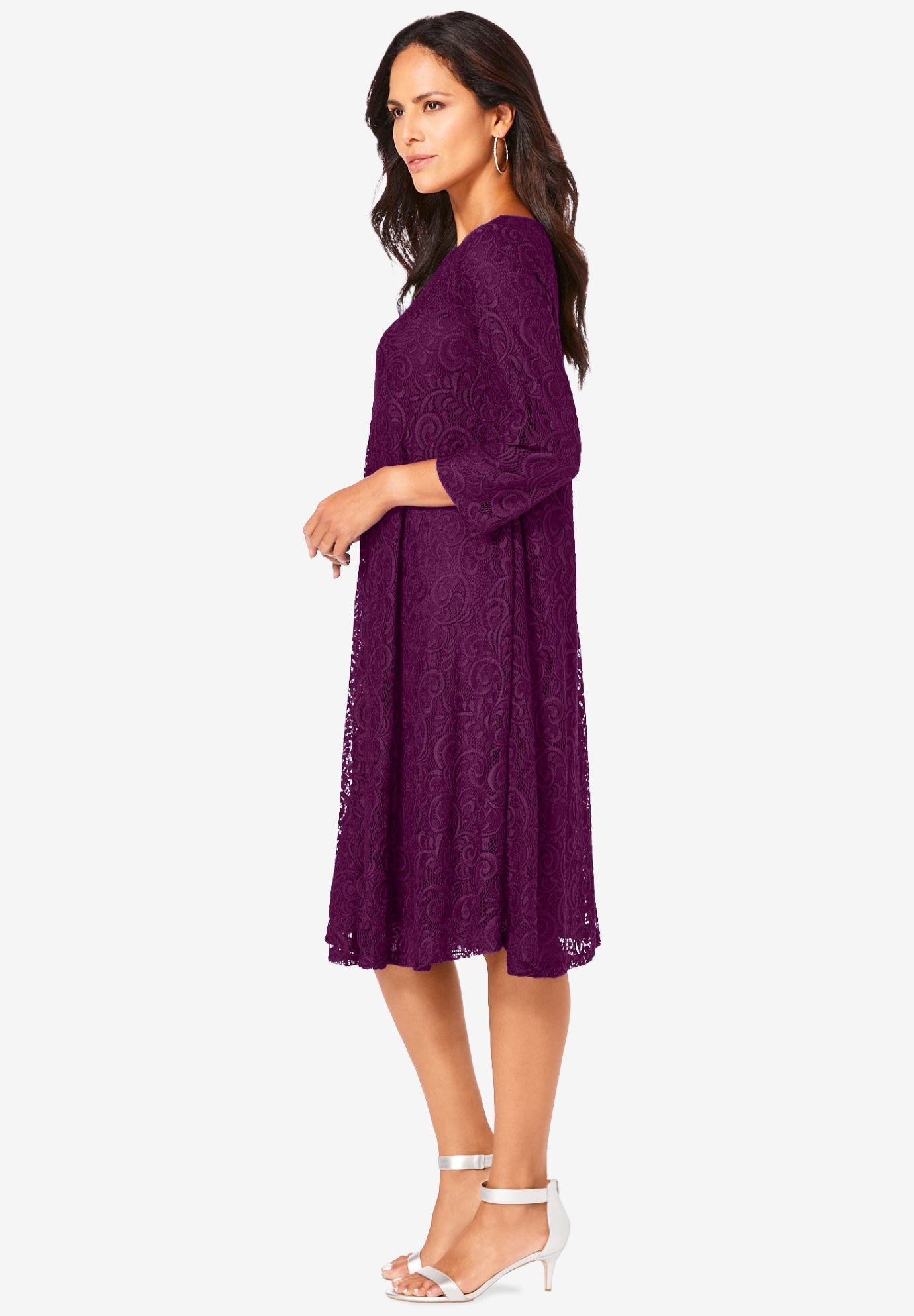 Plus-Size 3/4 Sleeve Boatneck Lace Swing Dress image number 2