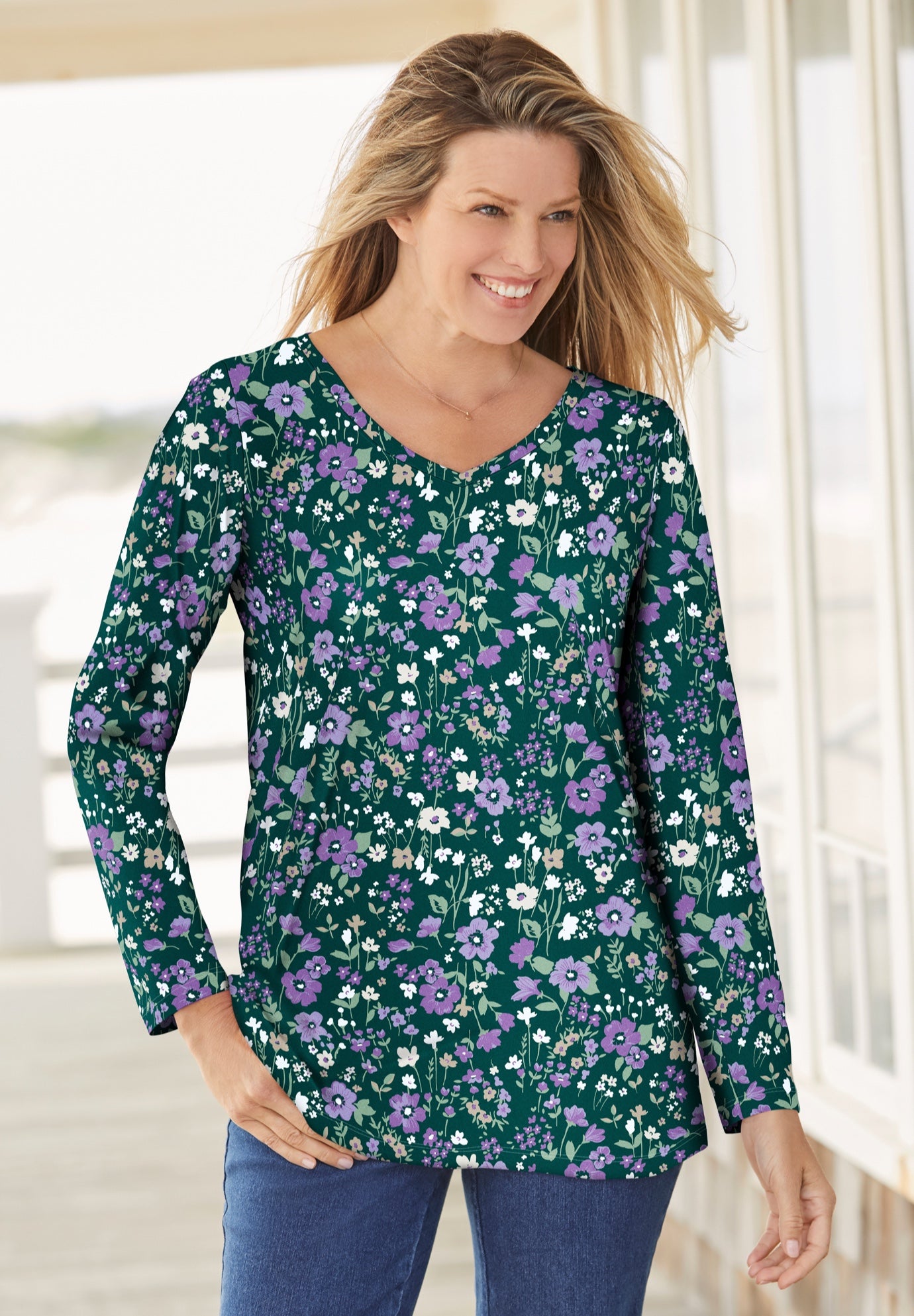 Perfect Printed Long-Sleeve V-Neck Tee image number 0