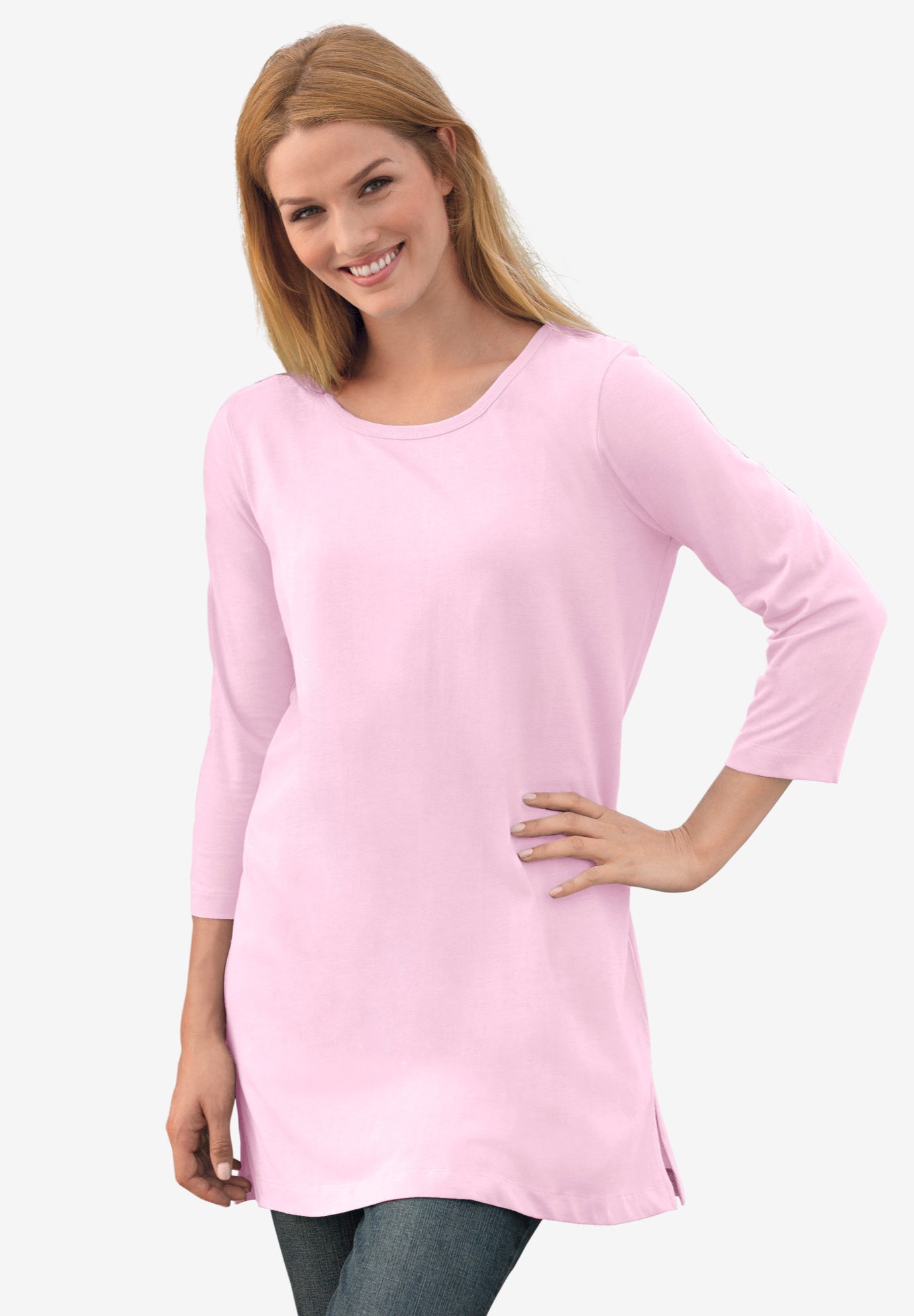 Scoopneck Tunic Top with Three-Quarter Sleeves, Pink | Woman