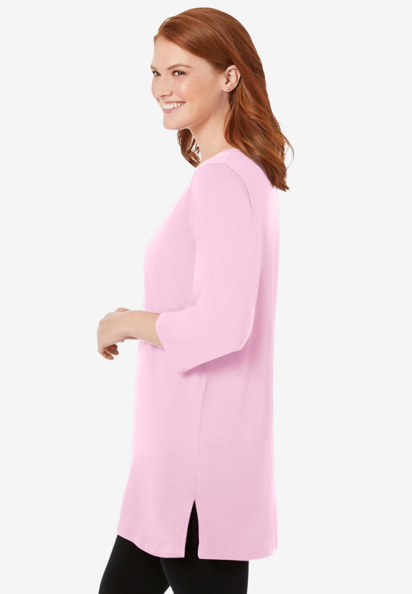 Scoopneck Tunic Top with Three-Quarter Sleeves, Pink | Woman