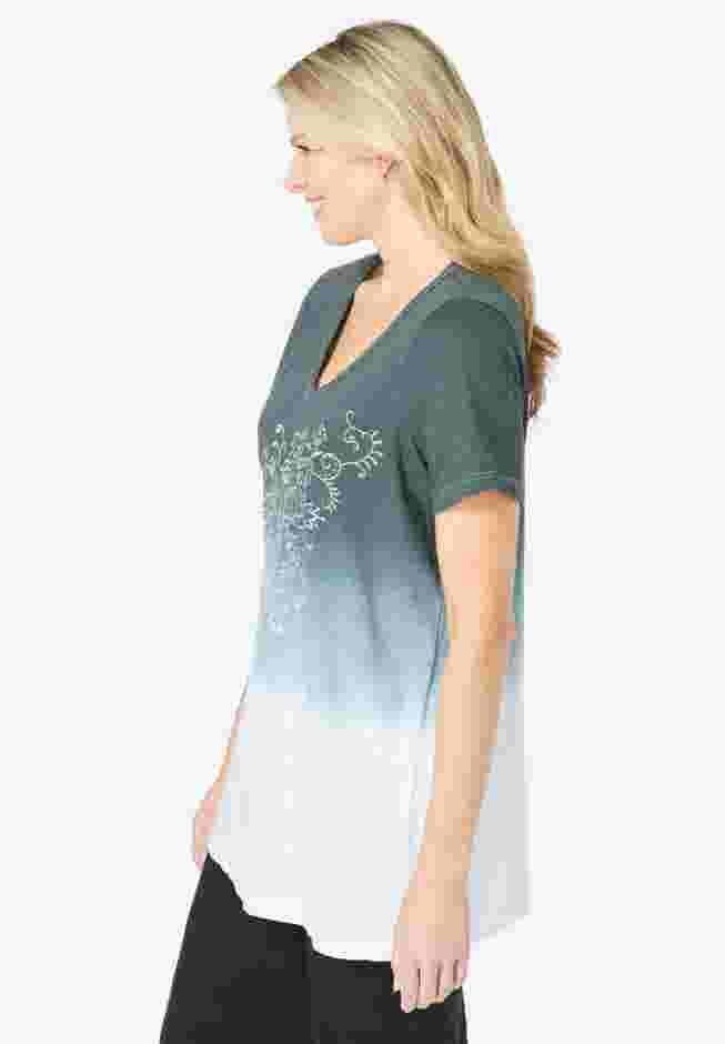 Short-Sleeve V-Neck Embroidered Dip Dye Tunic image number 2
