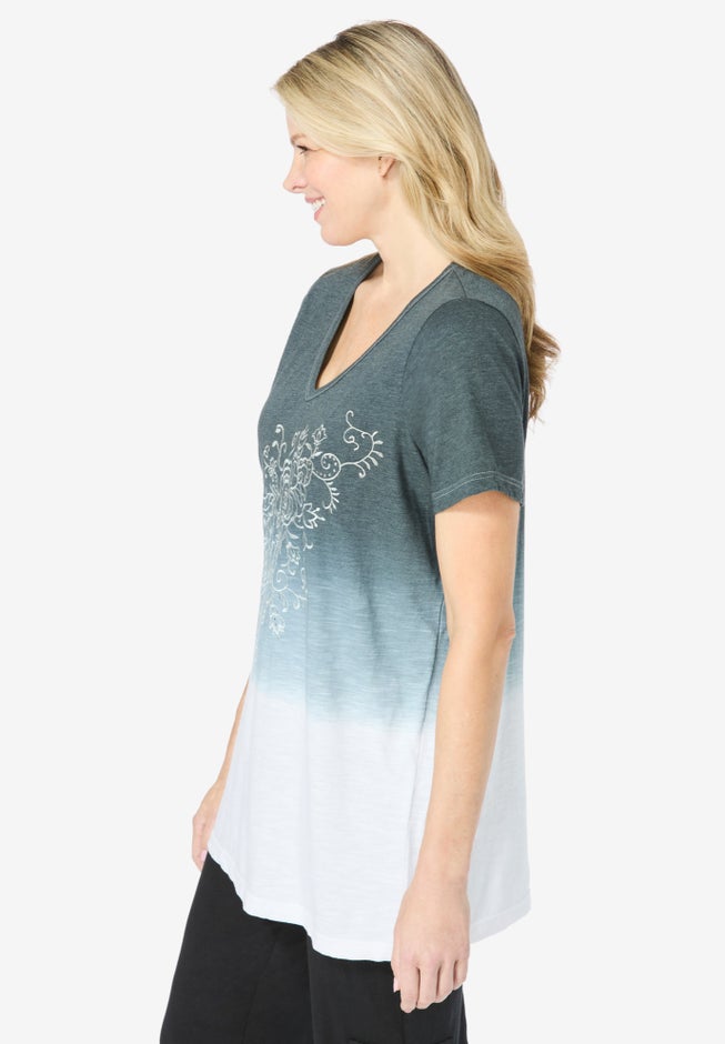 Short-Sleeve V-Neck Embroidered Dip Dye Tunic image number 2