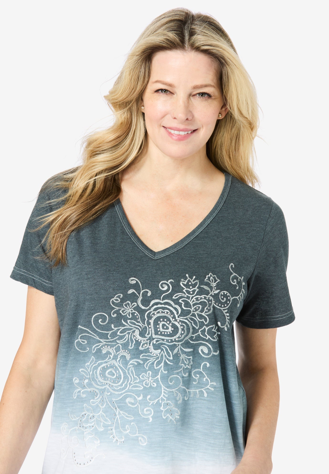 Short-Sleeve V-Neck Embroidered Dip Dye Tunic image number 3