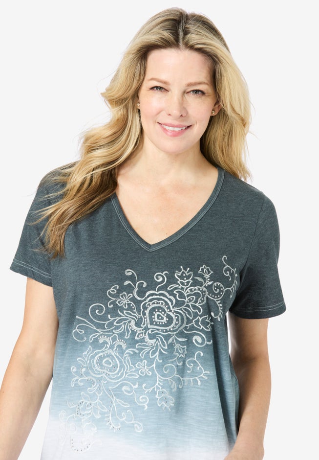 Short-Sleeve V-Neck Embroidered Dip Dye Tunic image number 3