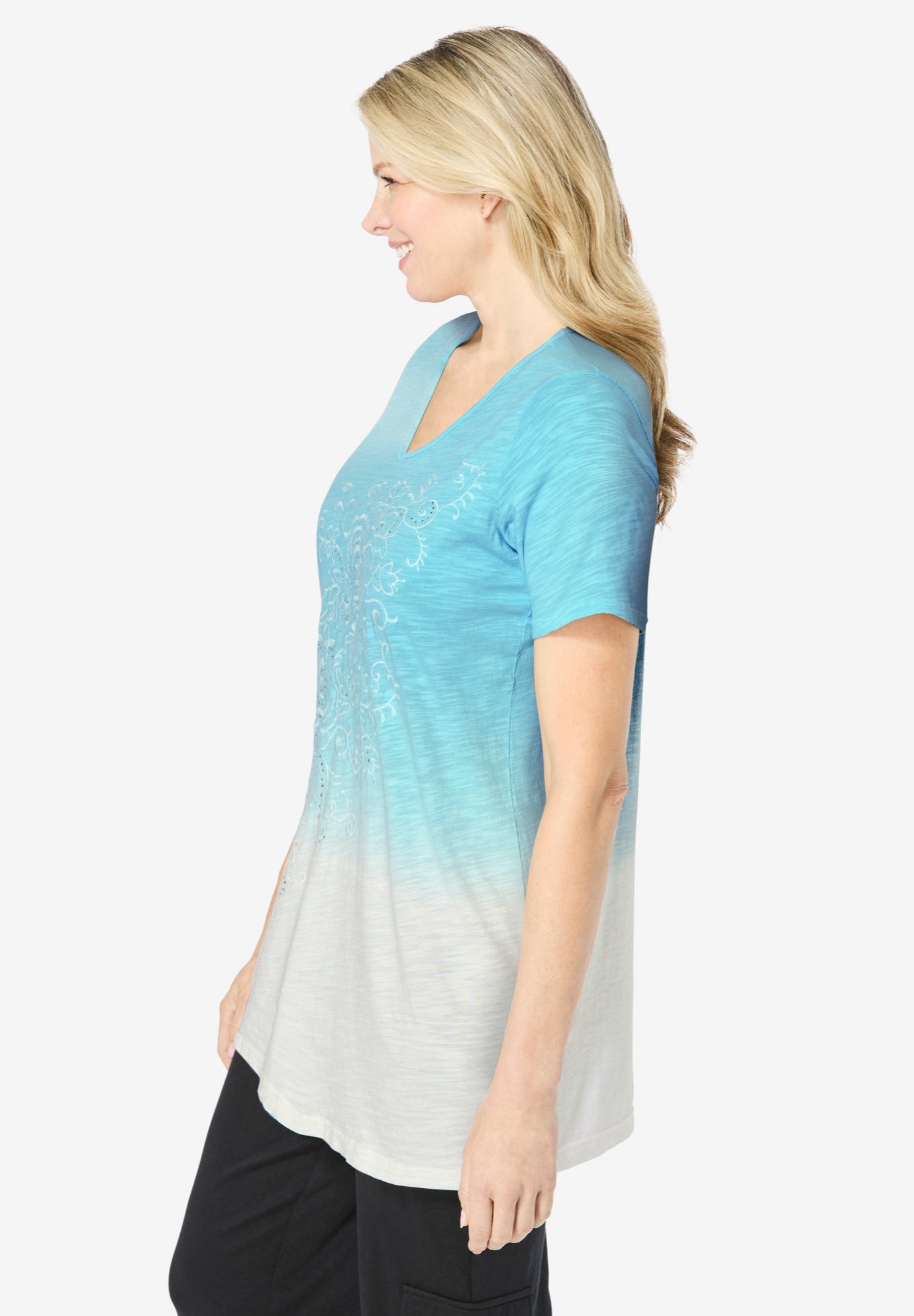 Short-Sleeve V-Neck Embroidered Dip Dye Tunic image number 2