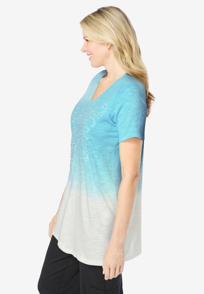 Short-Sleeve V-Neck Embroidered Dip Dye Tunic image number 2