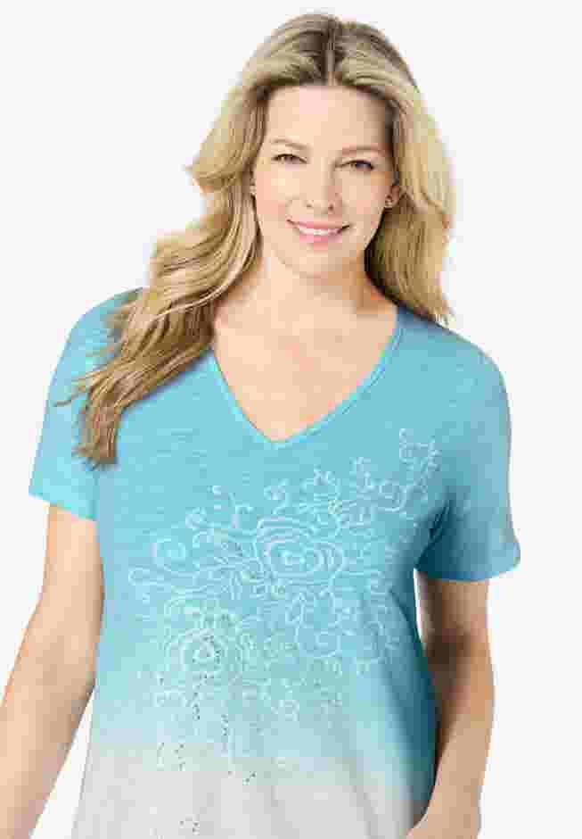 Short-Sleeve V-Neck Embroidered Dip Dye Tunic image number 3