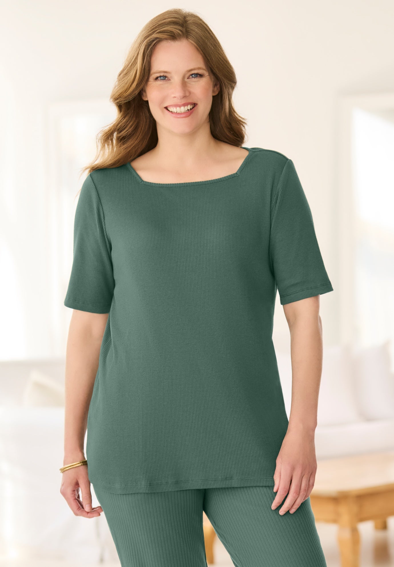 Ribbed Square Neck Elbow-Sleeve Tee image number 0