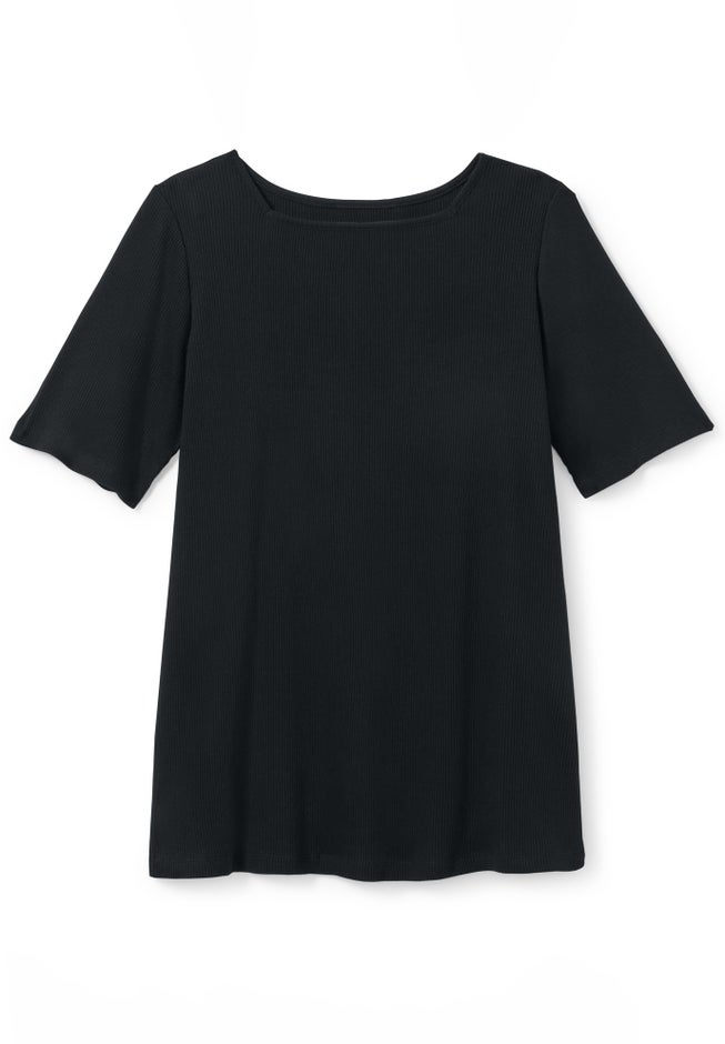Ribbed Square Neck Elbow-Sleeve Tee image number 3