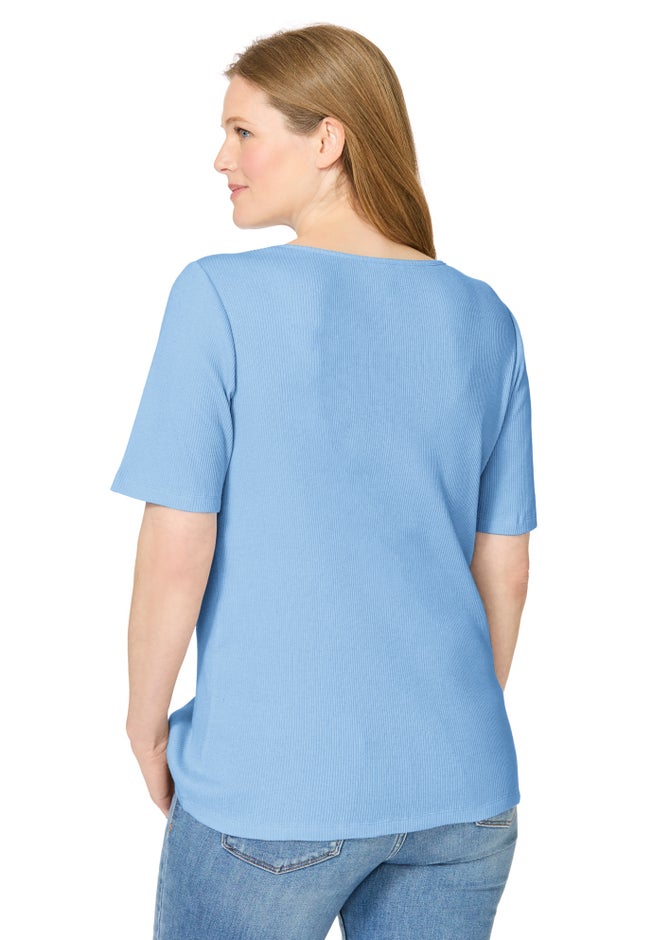 Ribbed Square Neck Elbow-Sleeve Tee image number 1
