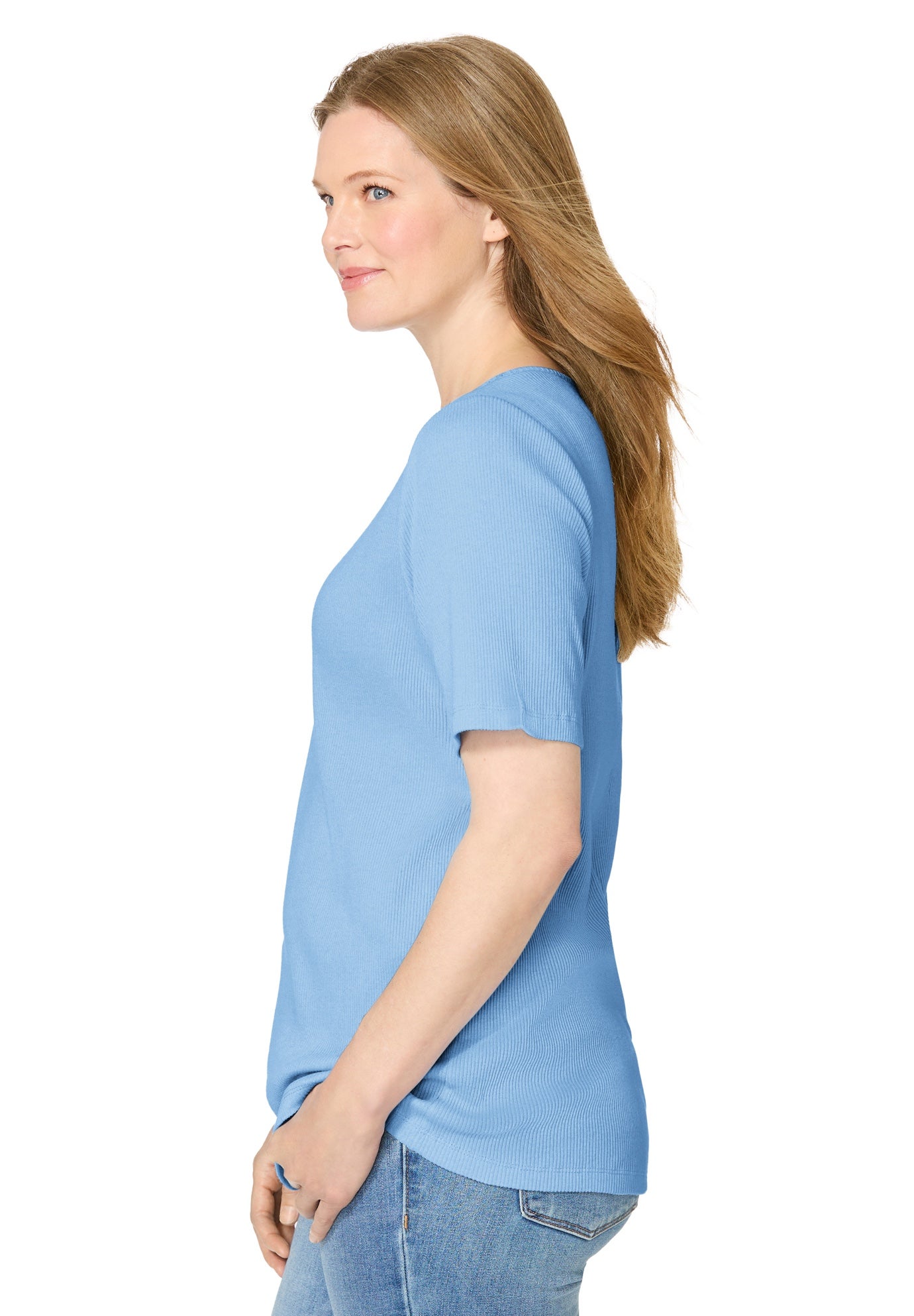 Ribbed Square Neck Elbow-Sleeve Tee image number 2