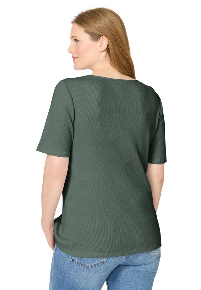Ribbed Square Neck Elbow-Sleeve Tee image number 1