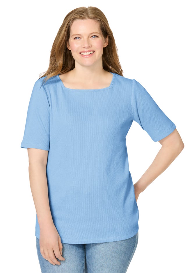 Ribbed Square Neck Elbow-Sleeve Tee image number 0