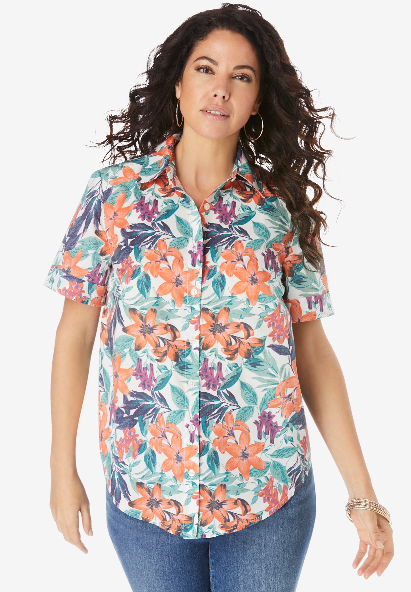 Plus Size Kate Short Sleeve Easy Cotton-Blend Button-Front Shirt image number 0