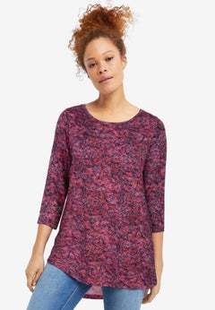 Stretch Jersey Knit Scoop Neck Three-Quarter Sleeve Curved Hem A-Line Tunic