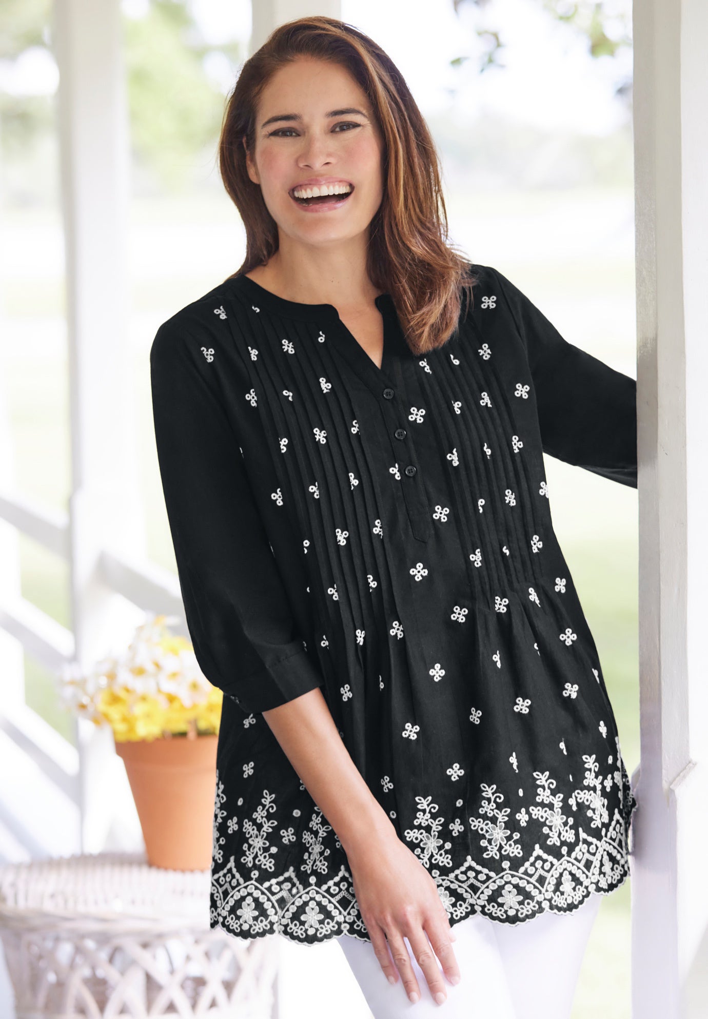 L’Or Embroidery Pin tuck Blouse Embroidered Pintuck Tunic - Plus Sizes, White Eyelet