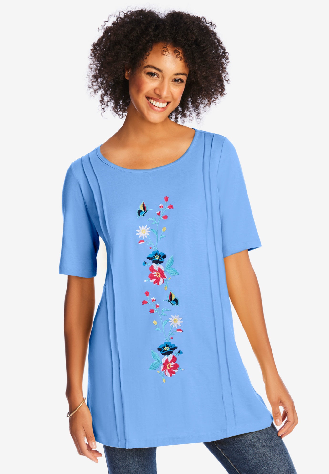 Short-Sleeve Scoopneck Embroidered Tunic image number 0