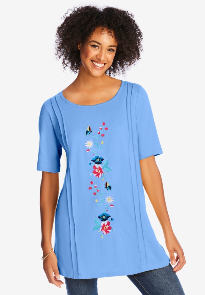 Short-Sleeve Scoopneck Embroidered Tunic image number 0