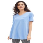 Stretch Knit V-neck Short Sleeve Chest Pocket Tunic image number null
